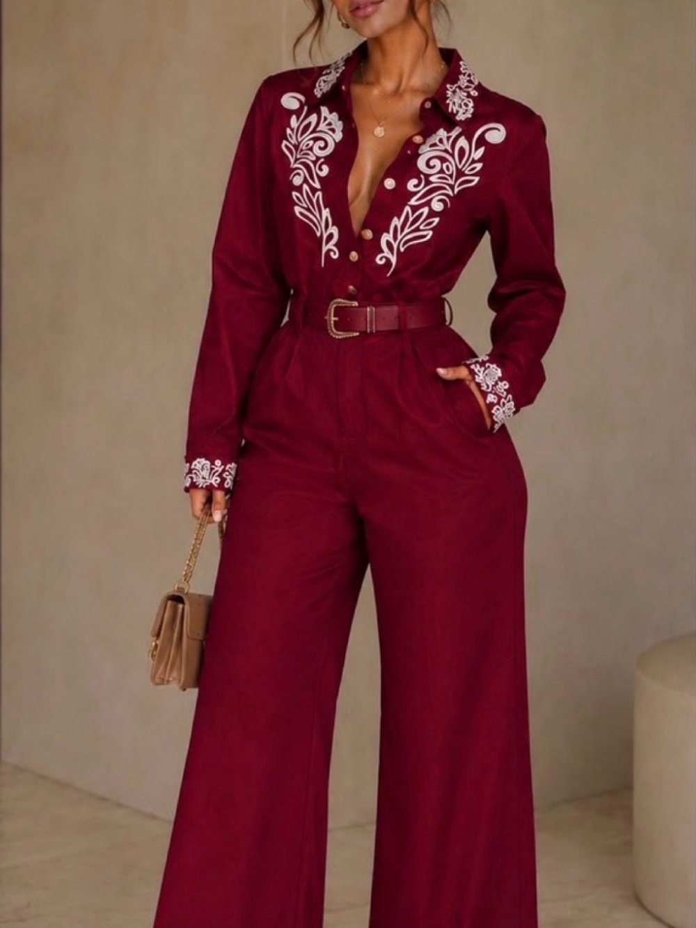 Embroidered Burgundy Wide‑Leg Jumpsuit